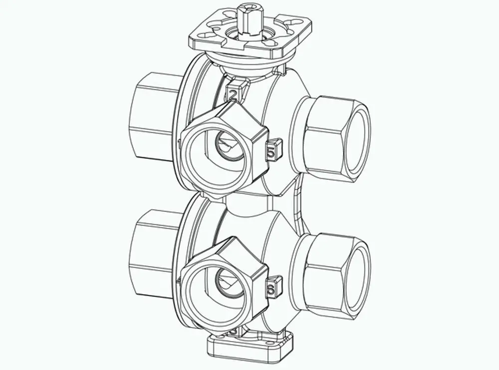 6-Wege-Ventil mit Innengewinde, gefertigt von IMI Hydronic Engineering. Die Darstellung zeigt die Konstruktion und Anschlussmöglichkeiten des Ventils.